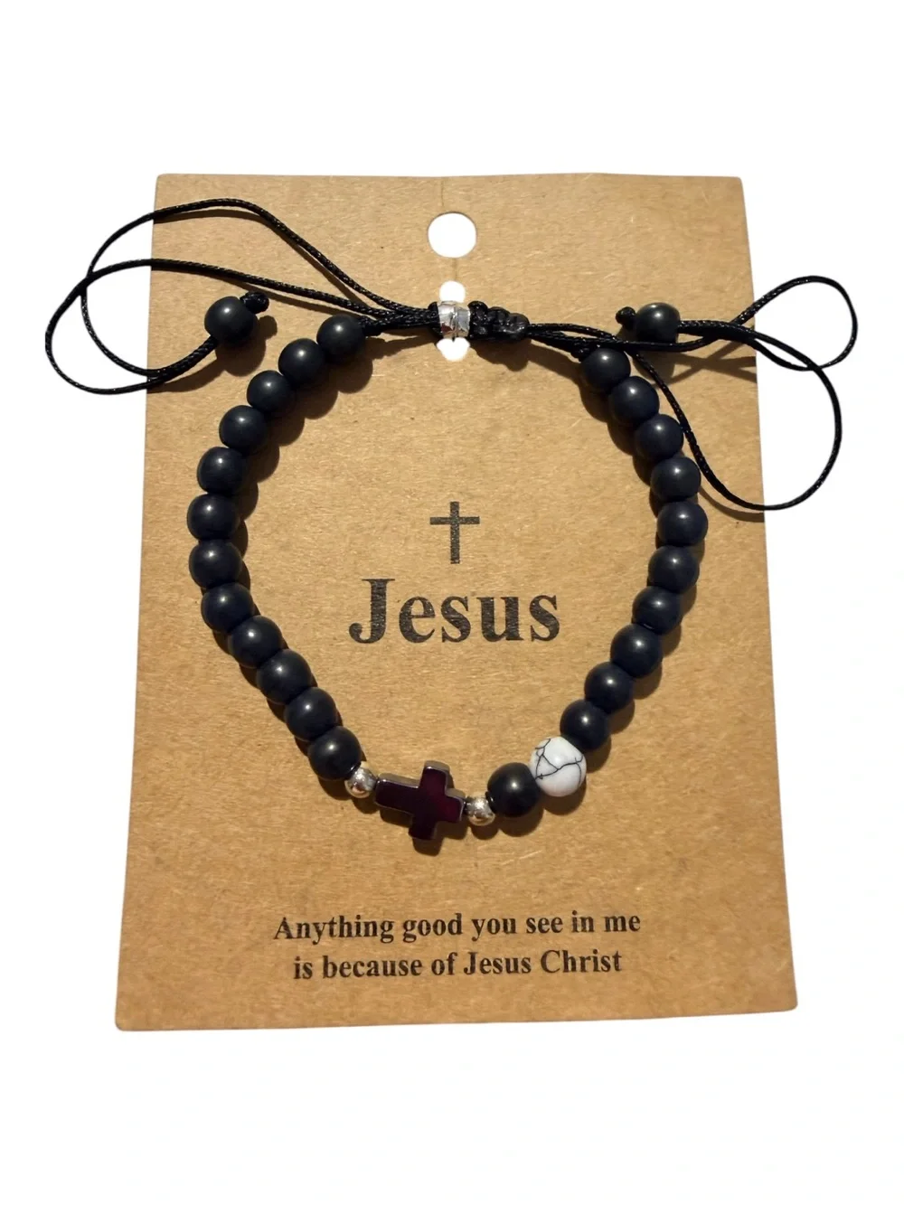 Jesus Beaded Cross Bracelet - Black with White Accent